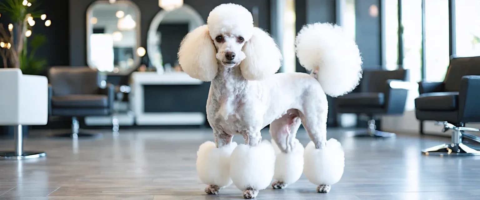 A professionally groomed Standard Poodle with the classic Continental Cut hairstyle, showcasing the distinctive pom-poms and shaved areas that define this elegant grooming style
