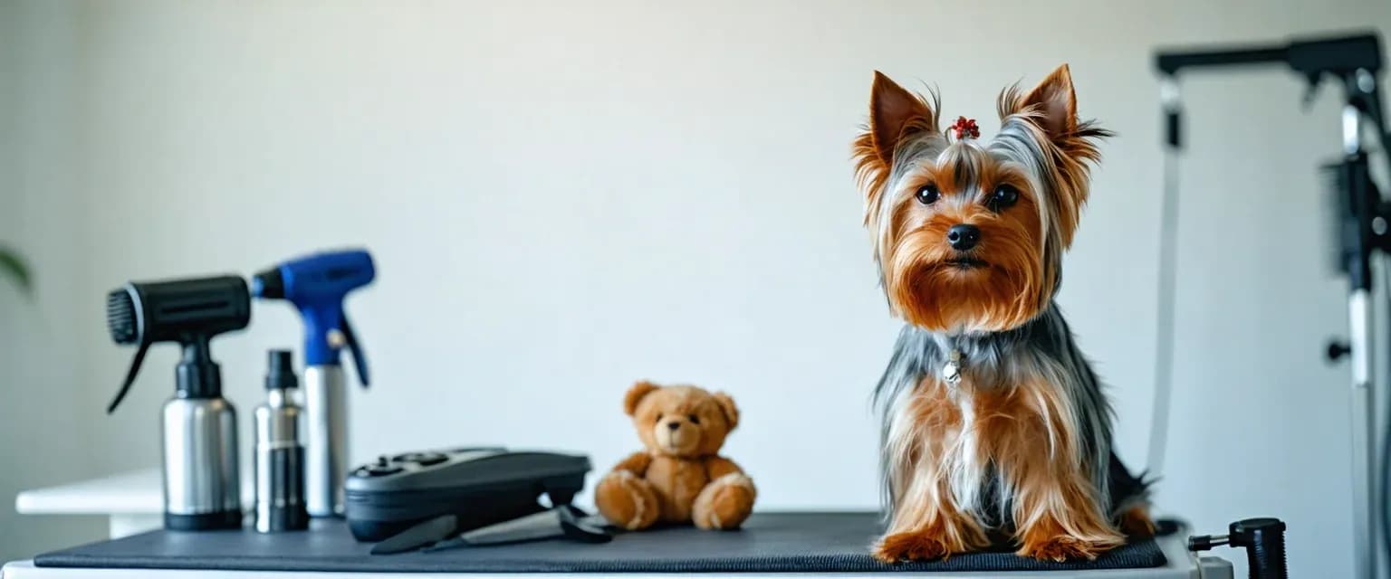 A perfectly groomed Yorkshire Terrier with a teddy bear cut sitting on a grooming table, showcasing the breed's silky coat and professional grooming results
