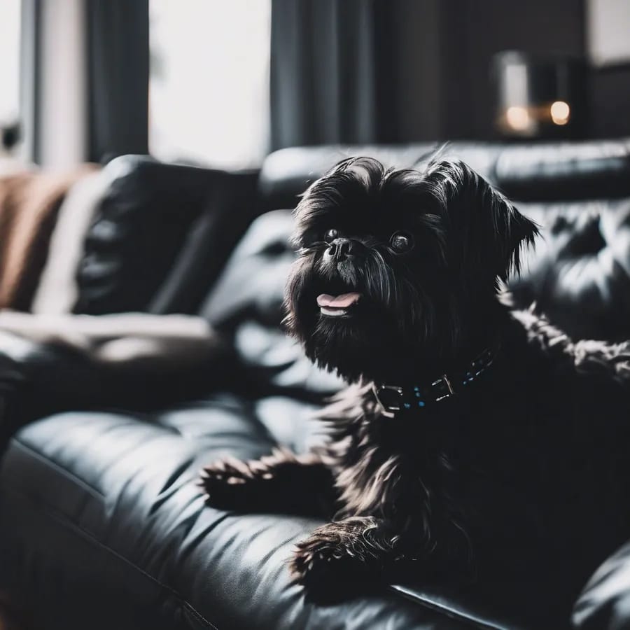 Affenpinscher sitting on a leather sofa