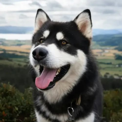 Alaskan Malamute smiling on a hillside