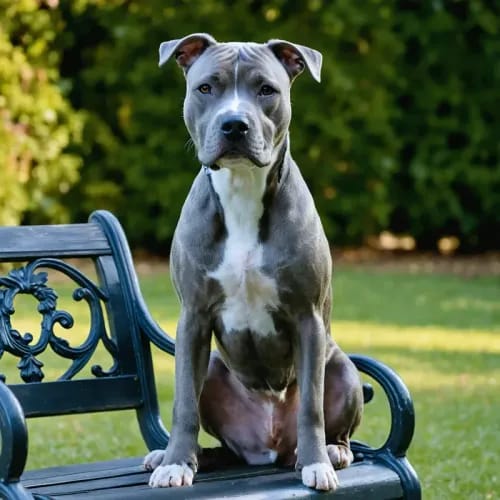 American Staffordshire Terrier: Muscular terrier sitting attentively by garden bench
