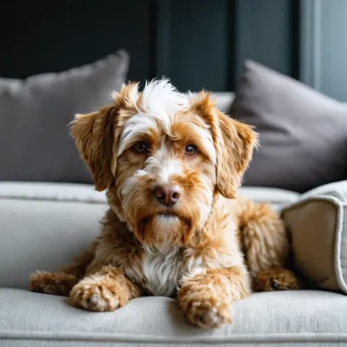 Australian Cobberdog: Gentle labradoodle with soft coat in cozy living room