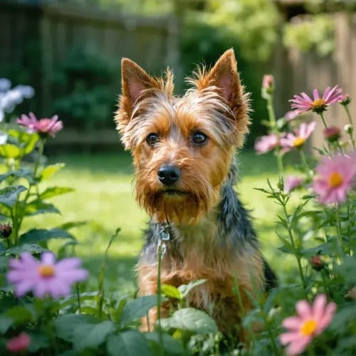 Australian Terrier: Small wiry terrier among garden flowers looking curious