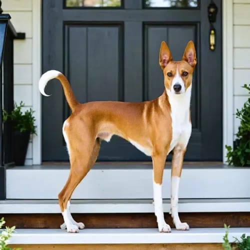 Basenji: Elegant dog with curled tail on home porch steps