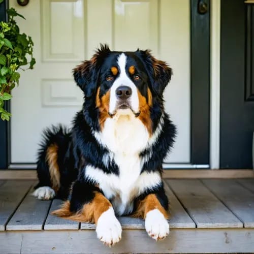 Bernese Mountain Dog: Tri-colored mountain dog on home porch with glossy coat