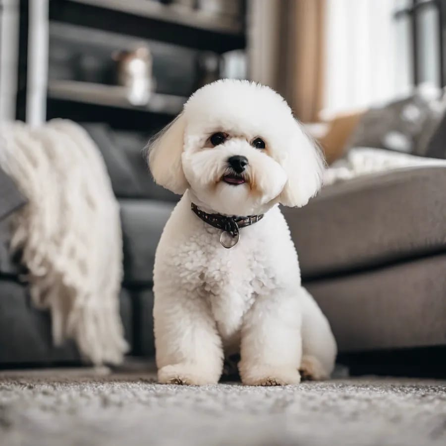 Bichon Frise sitting on a living room carpet