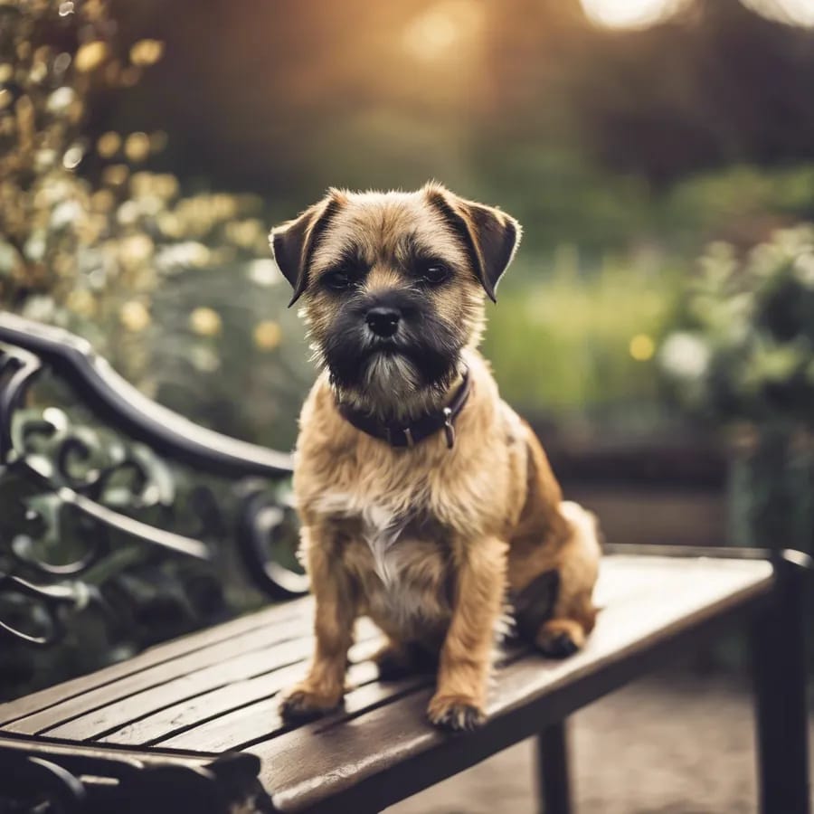 Border Terrier sitting on a garden bench