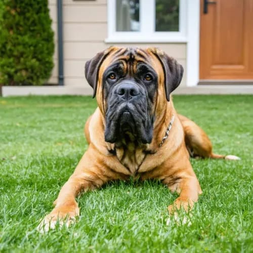 Bullmastiff: Massive guardian dog with calm expression on home lawn
