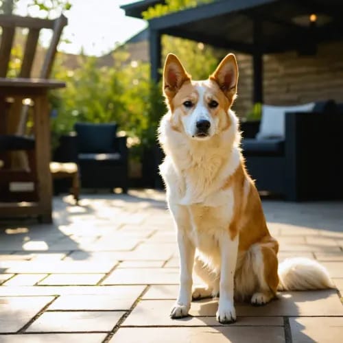 Canaan Dog: Wild-looking natural dog on sun-drenched patio