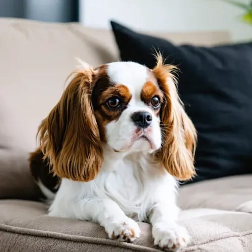 Cavalier King Charles Spaniel: Sweet-faced spaniel with silky ears on comfortable sofa