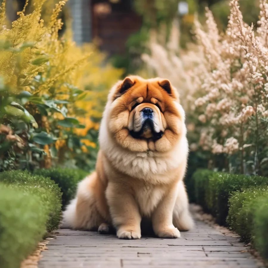 Chow Chow sitting on a garden path