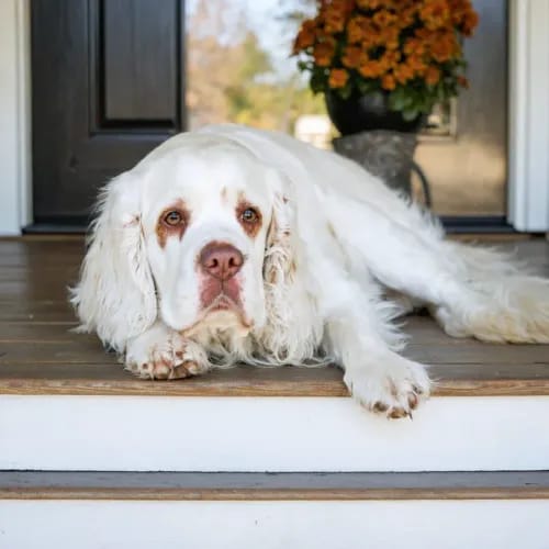 Clumber Spaniel: Heavy-set white spaniel relaxing on home porch