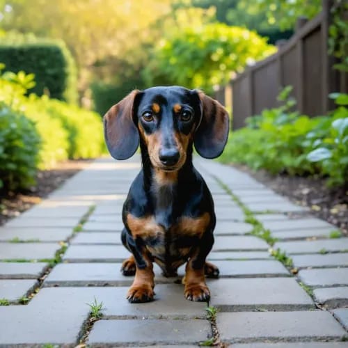 Dachshund: Long-bodied hound on garden pathway looking curious