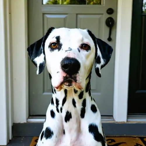 Dalmatian: Spotted dog with distinctive coat on home porch