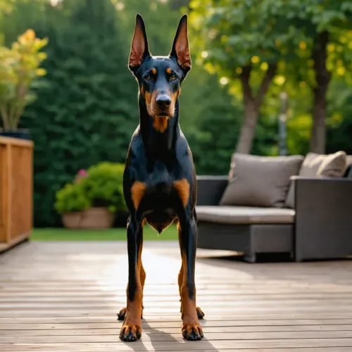 Doberman Pinscher: Sleek, athletic dog with noble stance on wooden deck