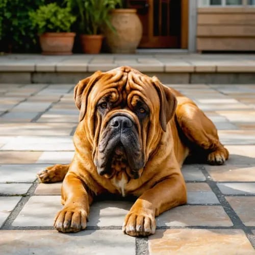 Dogue De Bordeaux: Massive mastiff with wrinkled face relaxing on stone patio