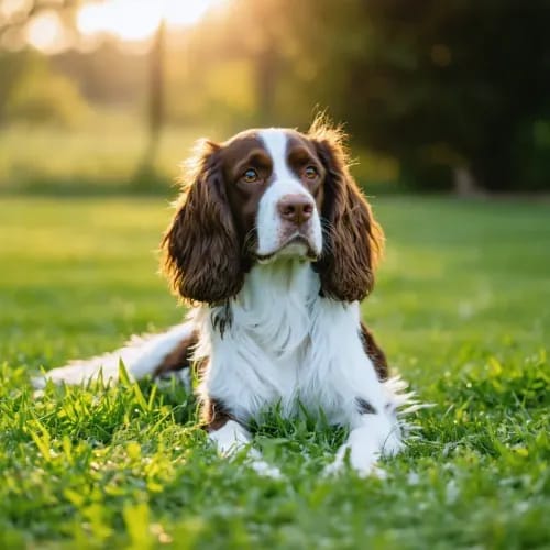 English Springer Spaniel: Energetic spaniel with feathered coat on lush lawn