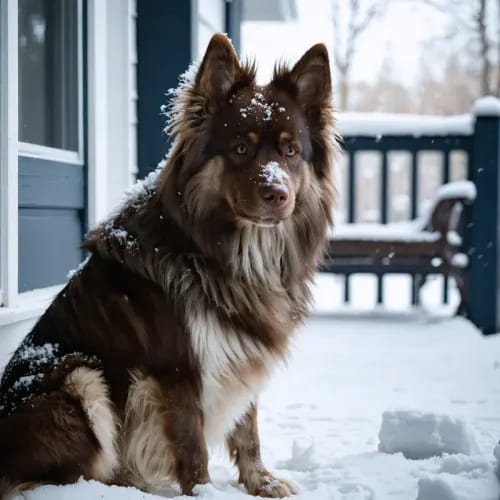 Finnish Lapphund: Spitz-type dog with thick coat on snow-dusted porch