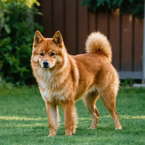 Finnish Spitz: Fox-like red dog with alert stance in backyard garden