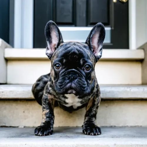 French Bulldog: Bat-eared bulldog on urban apartment steps