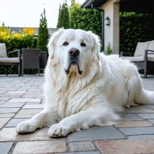 Great Pyrenees: Massive white dog with calm expression on stone patio