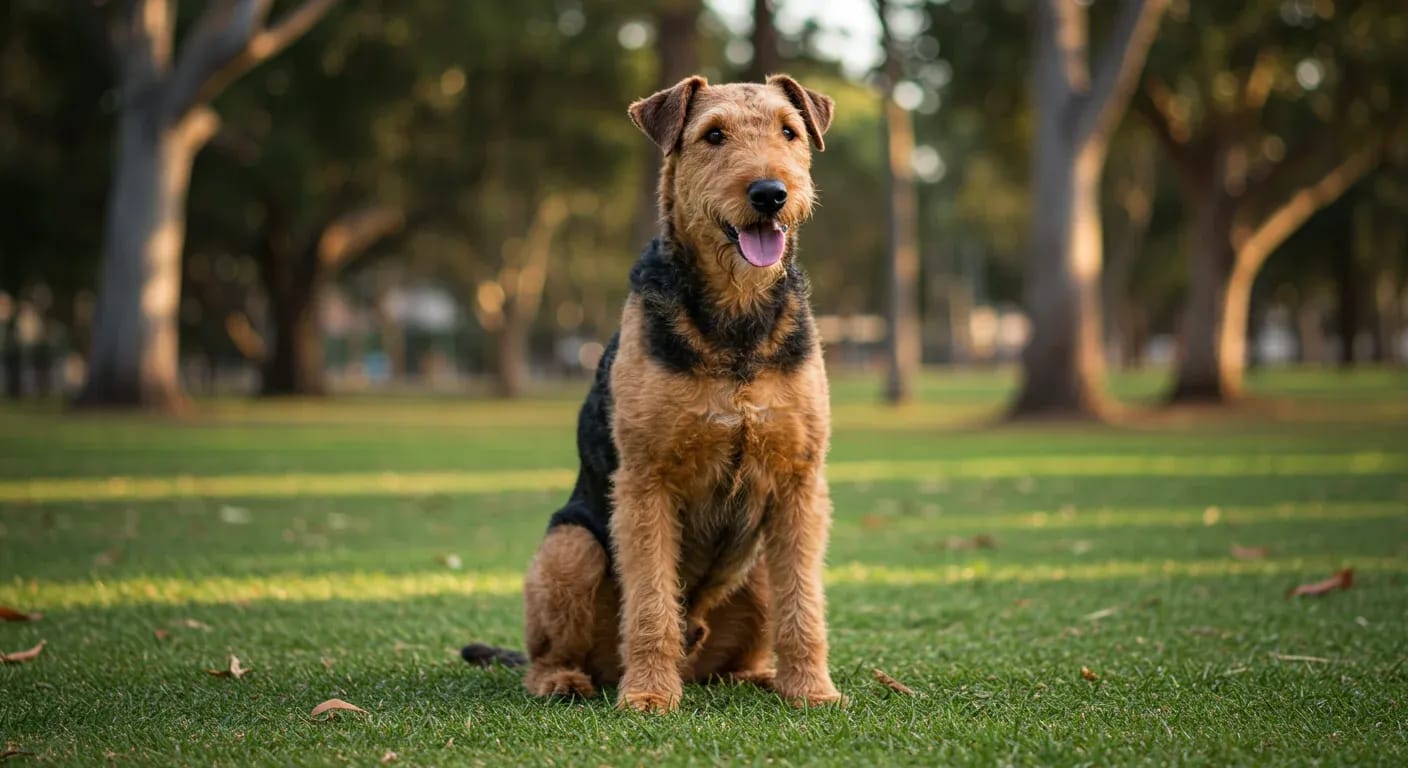 Healthy adult Airedale Terrier sitting in an Australian park, representing the breed's typical 10-13 year lifespan and vitality when properly cared for