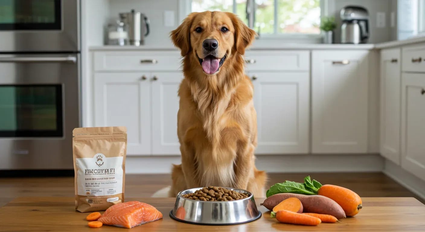 Golden Retriever sitting with premium dog food and fresh ingredients arranged around them, illustrating the balanced nutrition approach discussed in the article