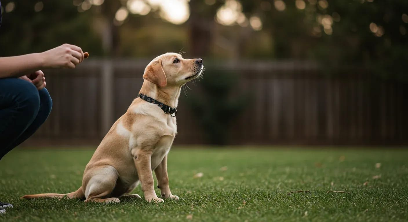 Yellow Labrador puppy sitting attentively during training with trainer offering treat, demonstrating positive reinforcement techniques