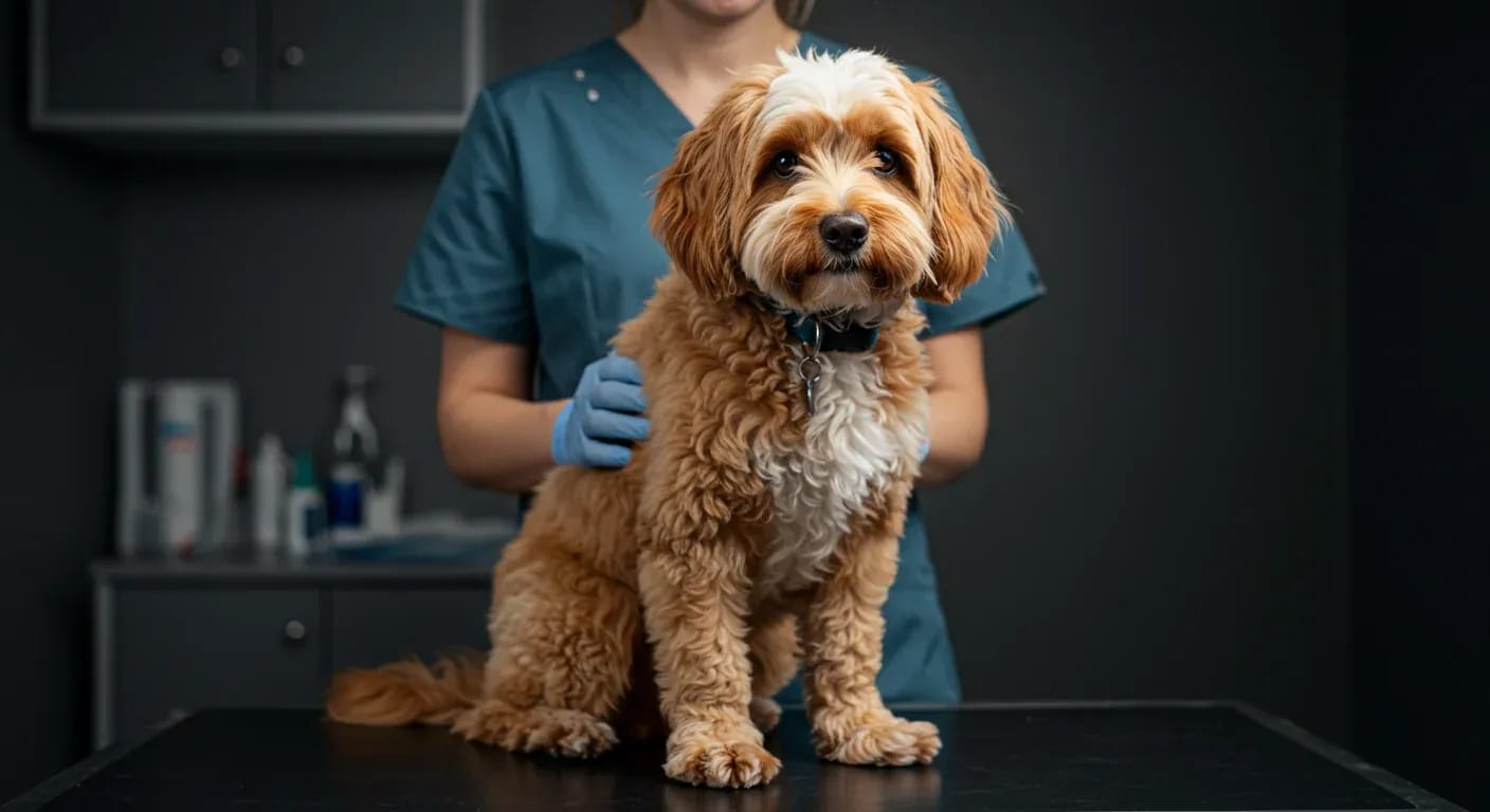 A healthy Cavoodle sitting on an examination table during a veterinary check-up, representing the importance of preventive health care for this crossbreed