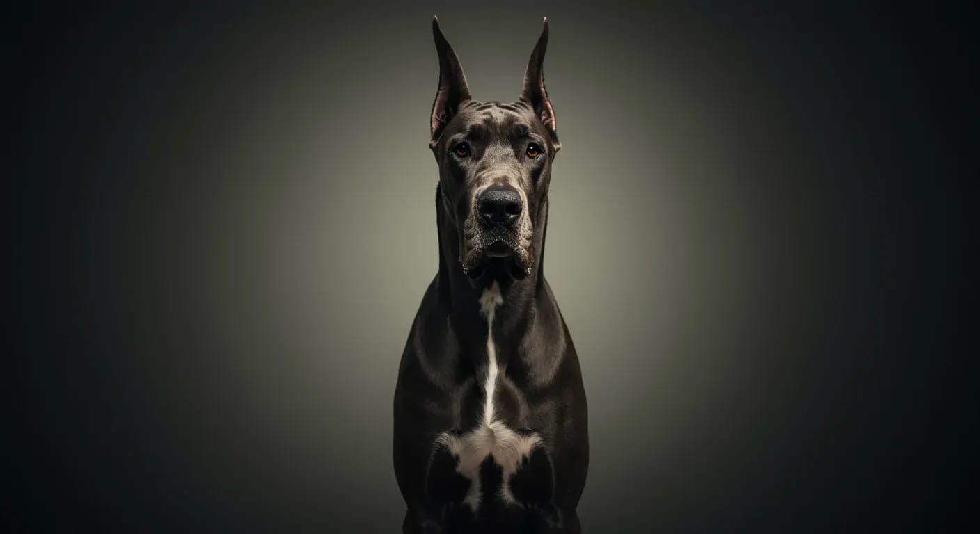 A beautiful Great Dane standing prominently in the center of the frame at a veterinary clinic, representing the breed's majestic appearance while highlighting the importance of health monitoring for these gentle giants