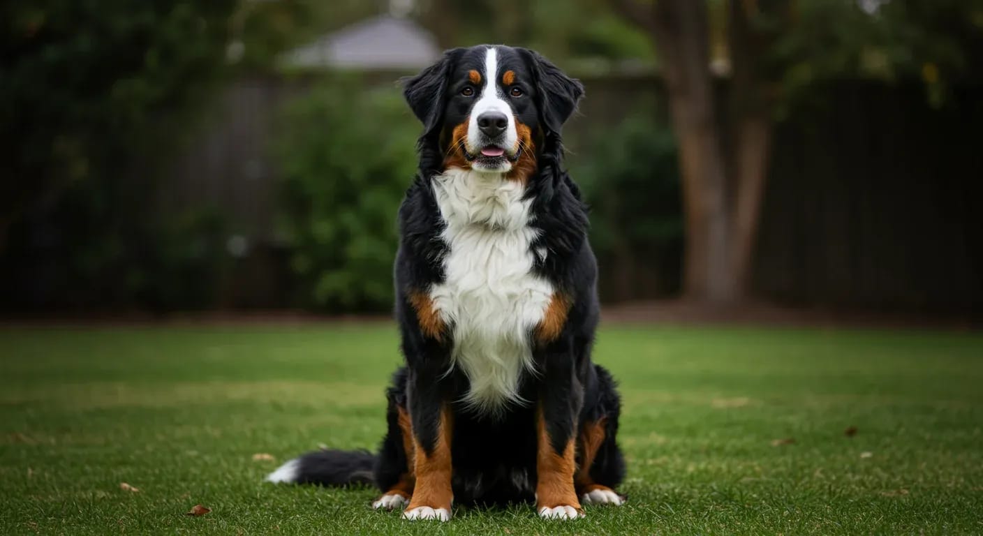 Portrait of a healthy Bernese Mountain Dog with tri-color coat sitting in an Australian backyard, representing the breed discussed in the health article