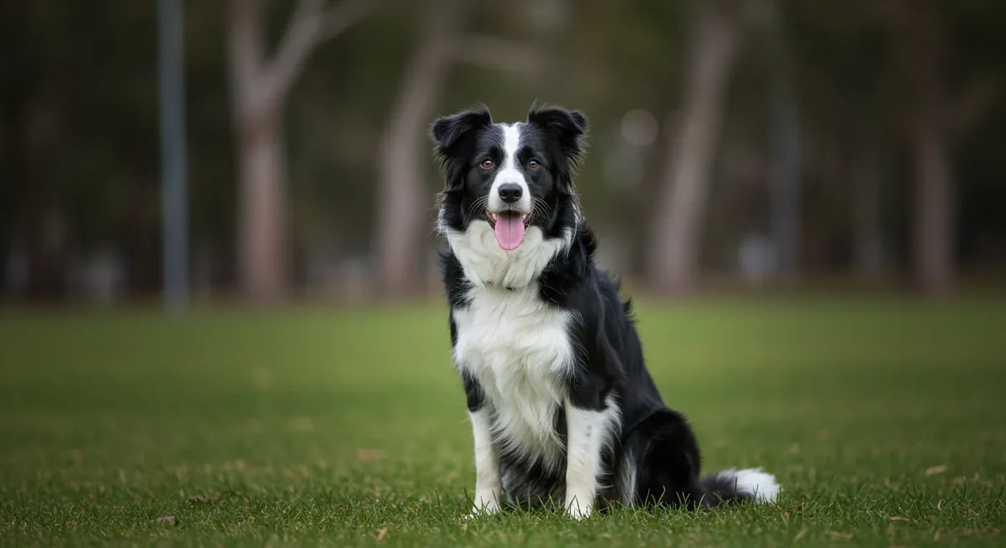 A Border Collie sitting centered in frame on grass, representing the breed discussed in the hip dysplasia management article