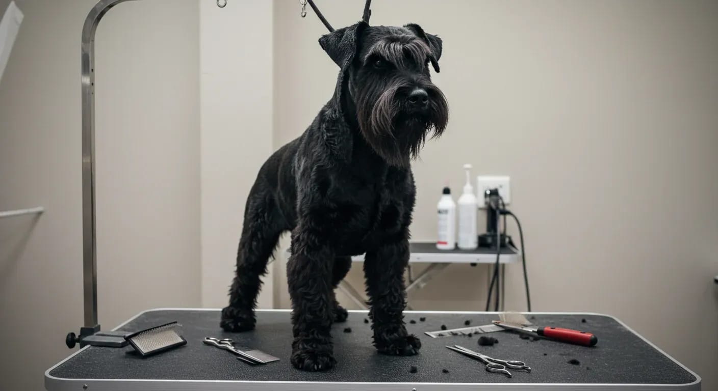 A Giant Schnauzer centered on a grooming table surrounded by professional grooming tools, showcasing the breed's distinctive coat and facial features that require specialized grooming techniques