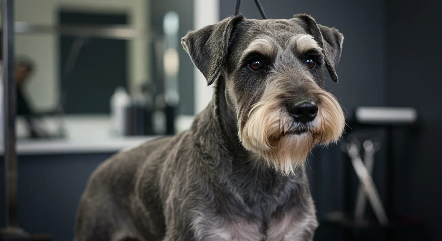 Professional portrait of a Giant Schnauzer showcasing the breed's distinctive wiry coat and facial features in a grooming salon, demonstrating the subject of the grooming guide