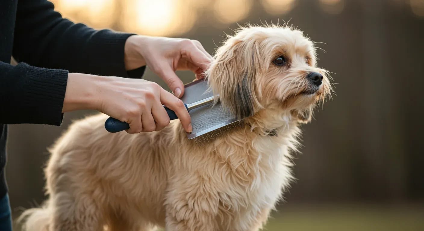 A Havanese dog with flowing silky coat being brushed during a grooming session, demonstrating the daily care routine essential for this breed