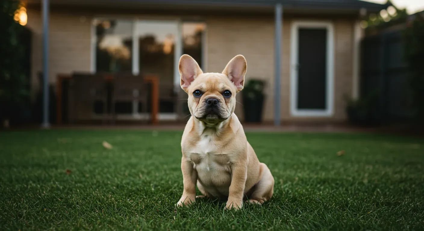 Cream French Bulldog puppy sitting centered on grass looking at camera, representing the focus of house-training guidance in the article