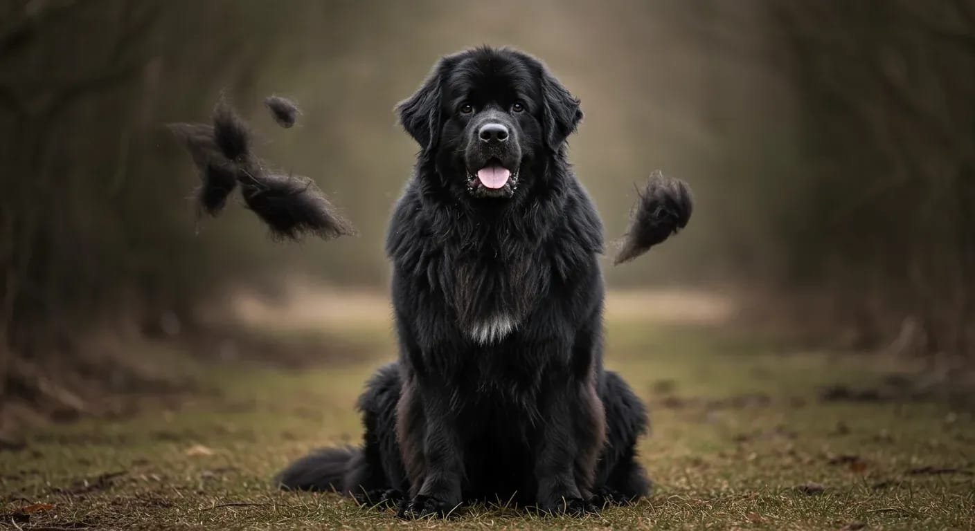A large black Newfoundland dog with its characteristic thick double coat, showing the natural shedding that owners need to manage through proper grooming techniques