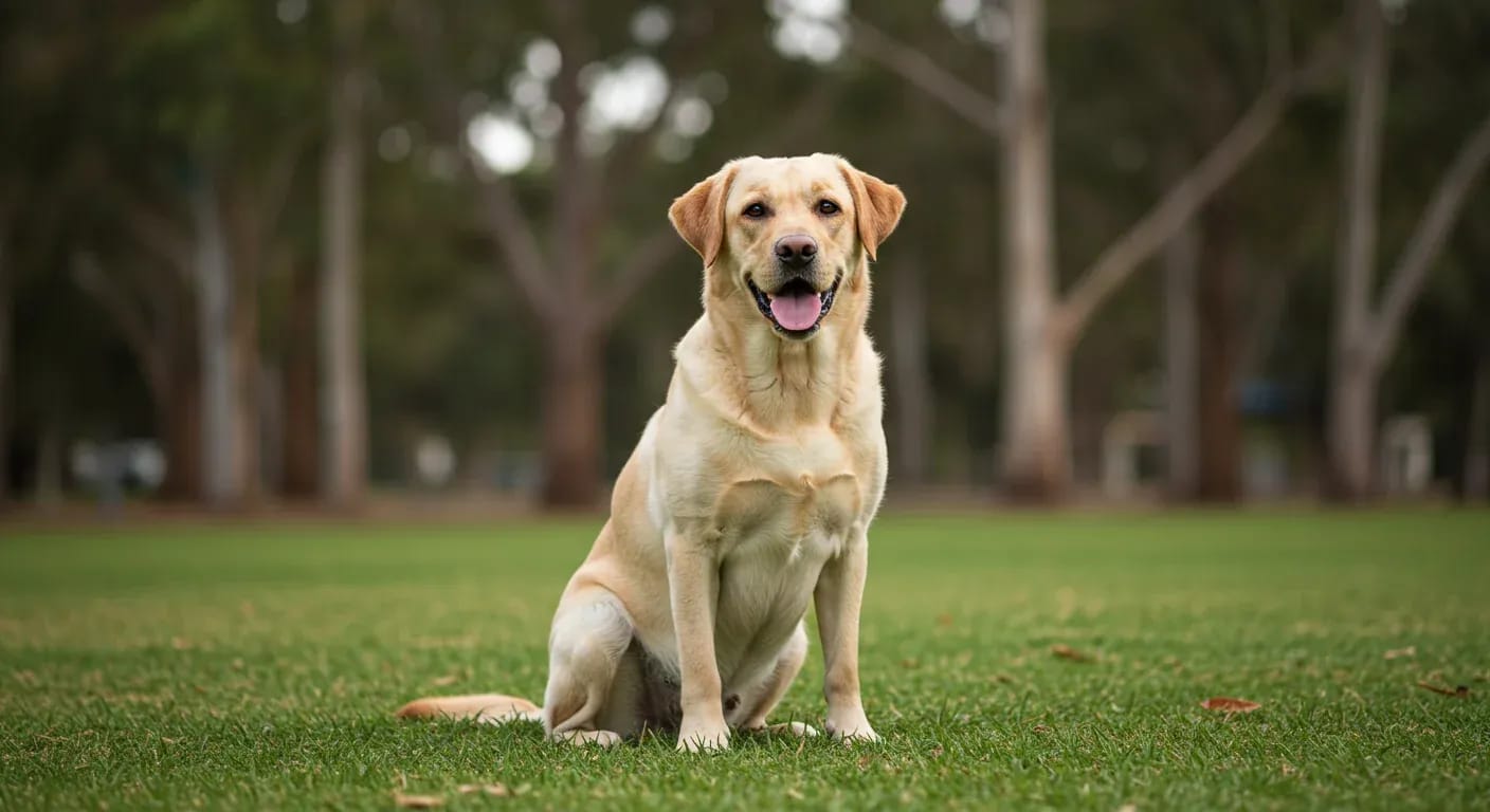 A healthy yellow Labrador Retriever sitting in an Australian park, representing the breed discussed in this hip dysplasia prevention and treatment guide