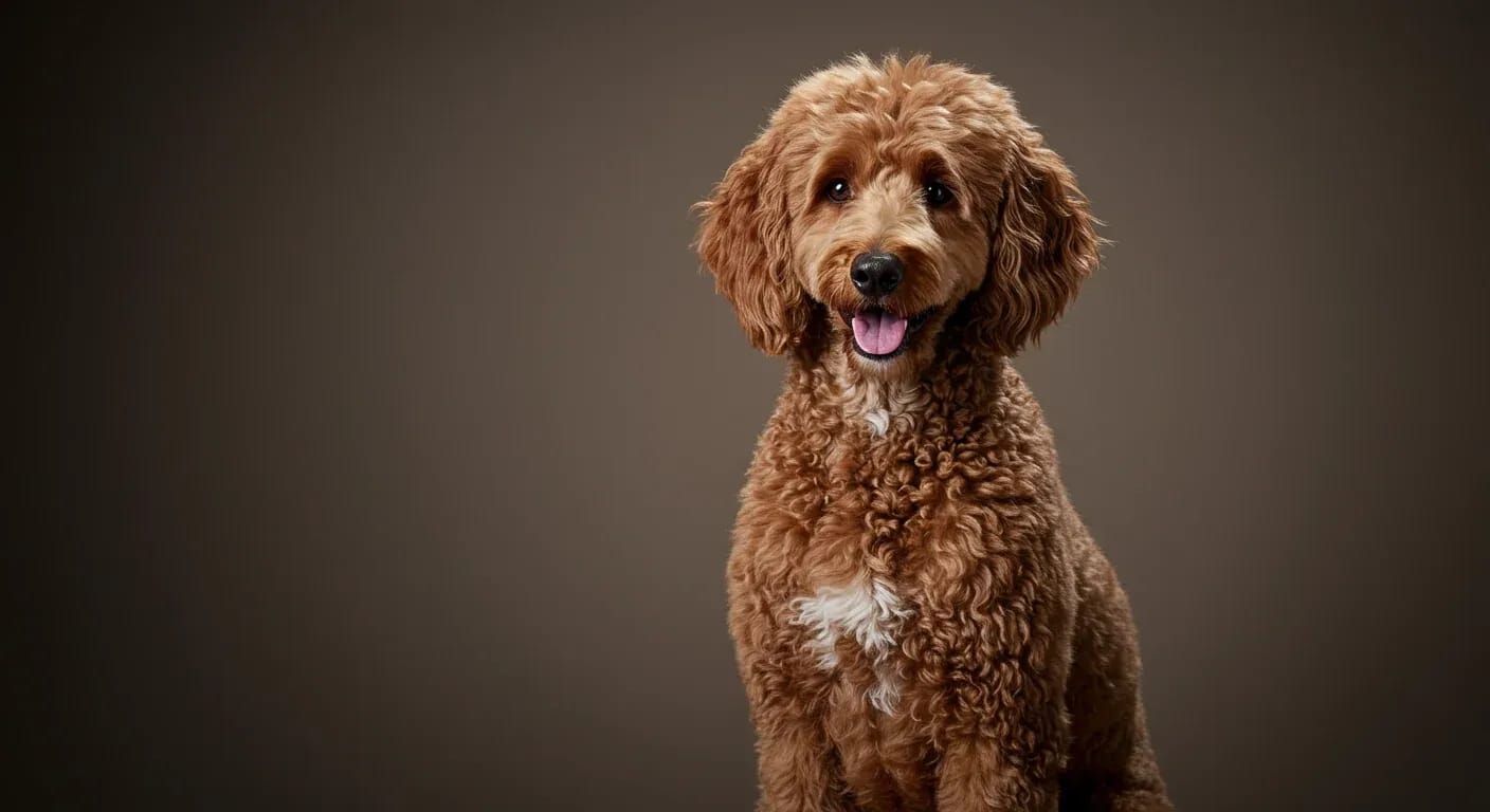A Standard Poodle with a teddy bear cut sitting in a professional studio portrait, demonstrating the popular grooming style discussed in the article