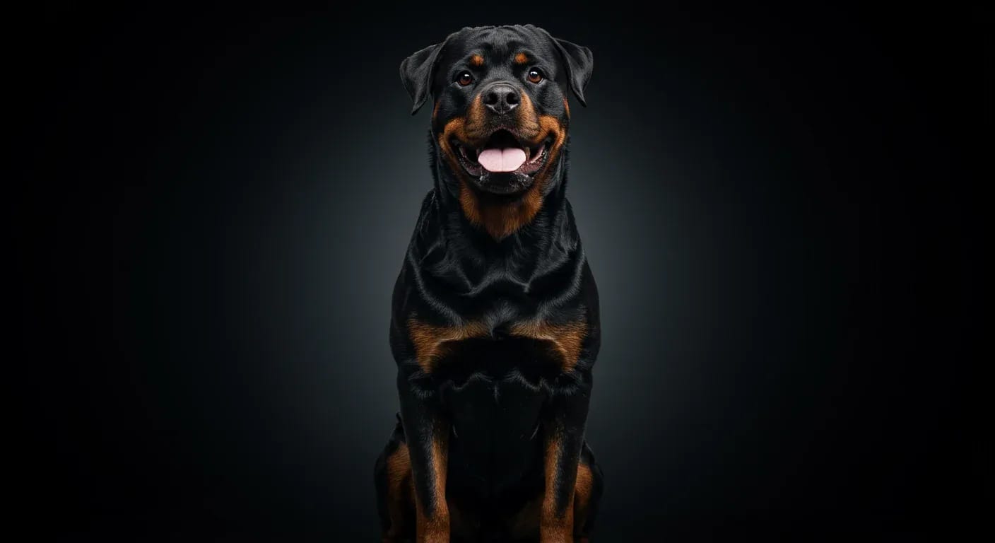 Professional portrait of a healthy Rottweiler sitting in a veterinary clinic, demonstrating the breed's strong, alert appearance that's central to understanding their health care needs