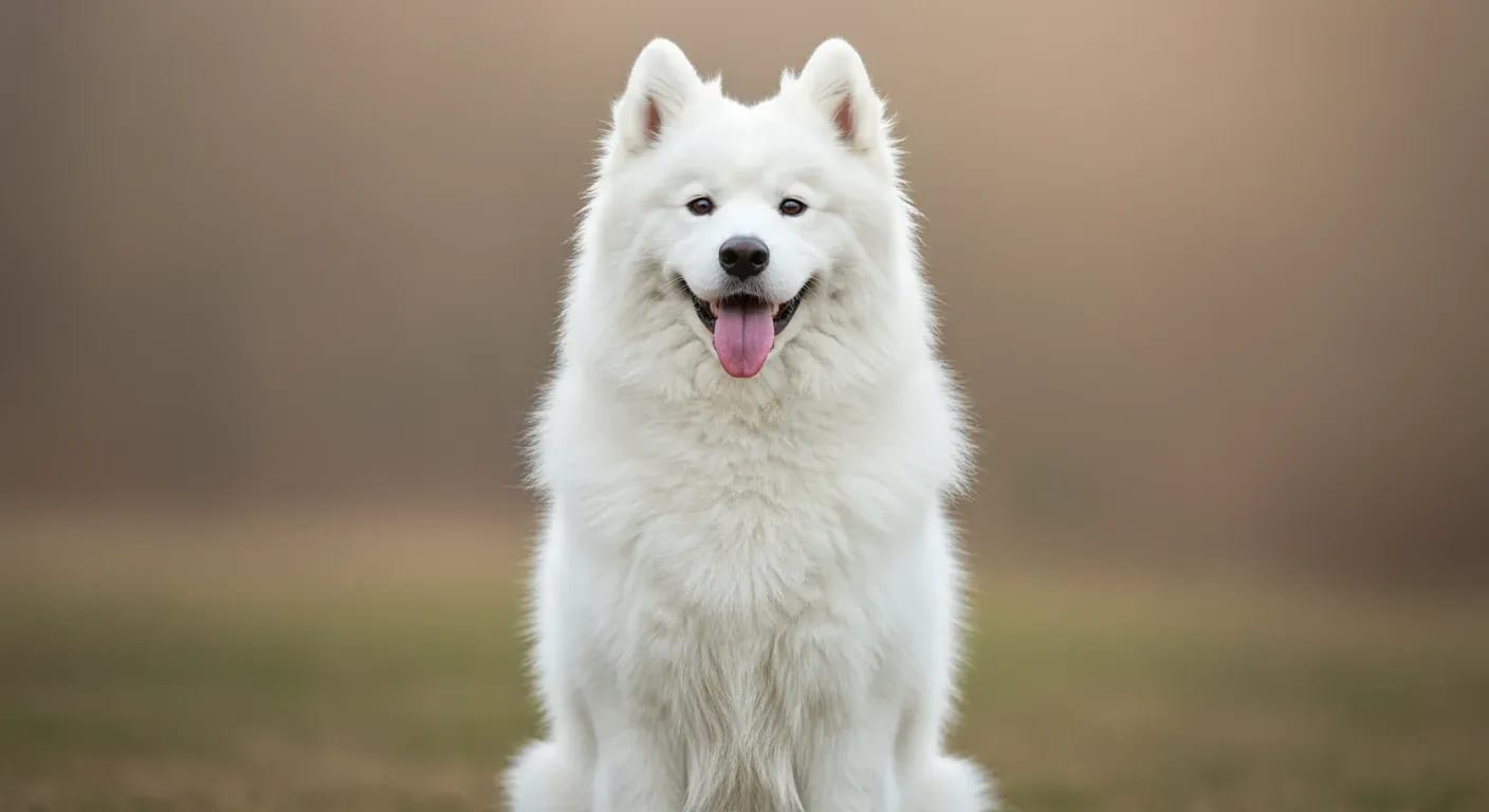 A well-groomed Samoyed dog with fluffy white coat sitting in center of frame, demonstrating the beautiful coat condition that proper grooming achieves