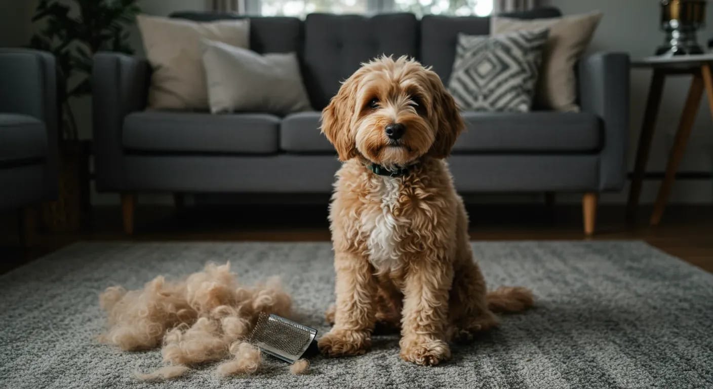 A cream Cavoodle with curly coat sitting on carpet with visible shed fur around it and a grooming brush nearby, illustrating the article's focus on managing Cavoodle shedding through proper care