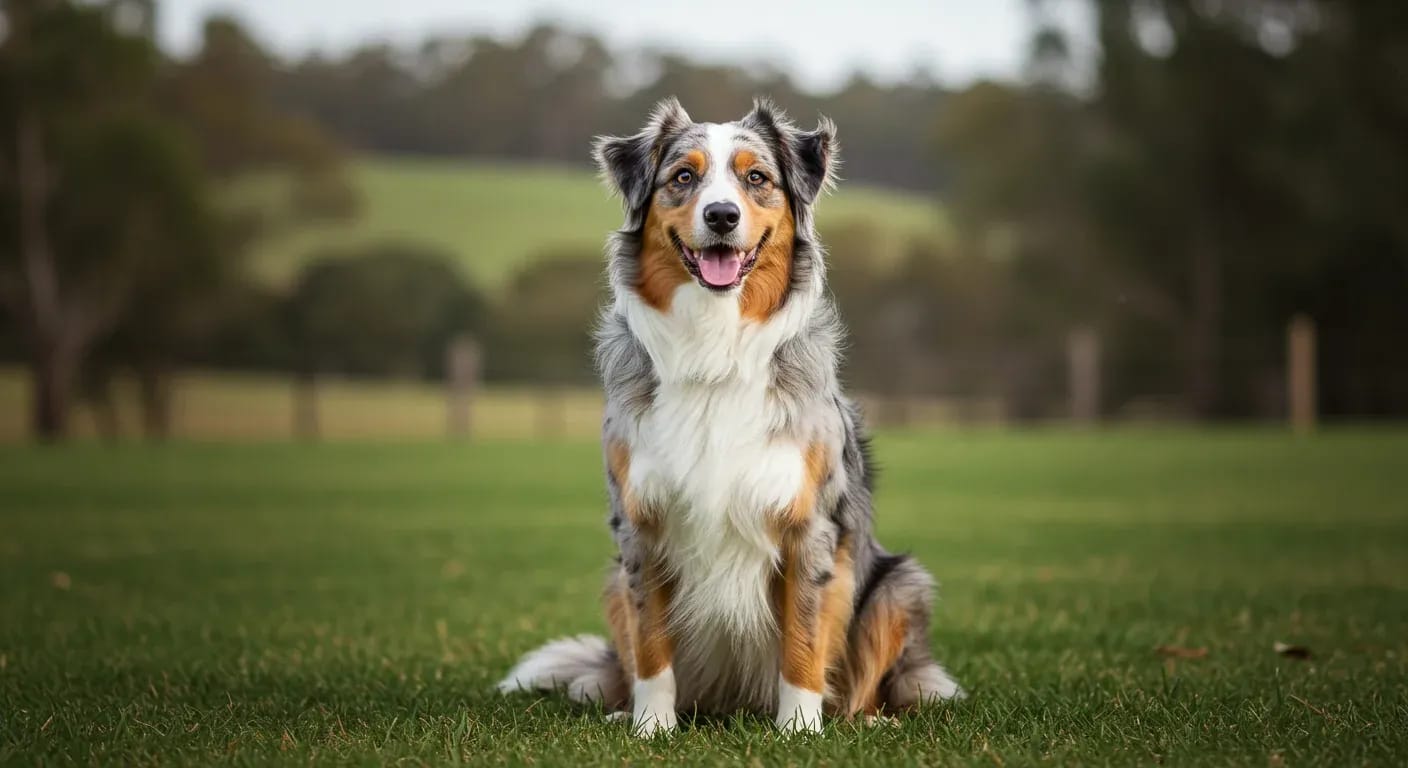 Australian Shepherd dog sitting centered in frame with mouth open in a barking expression, demonstrating the breed's vocal nature discussed in the article about managing their barking behavior