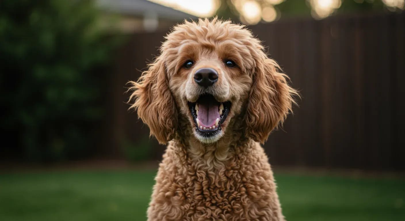 A Standard Poodle with apricot curly coat barking in a suburban backyard, demonstrating the breed's naturally vocal behavior discussed in the article
