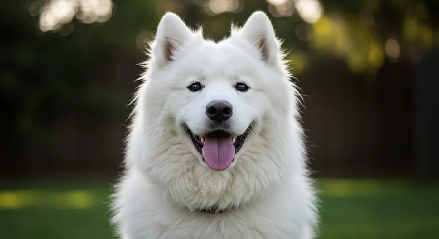 A smiling white Samoyed dog with fluffy coat centered in frame, representing the breed's happy temperament and social nature discussed in the article