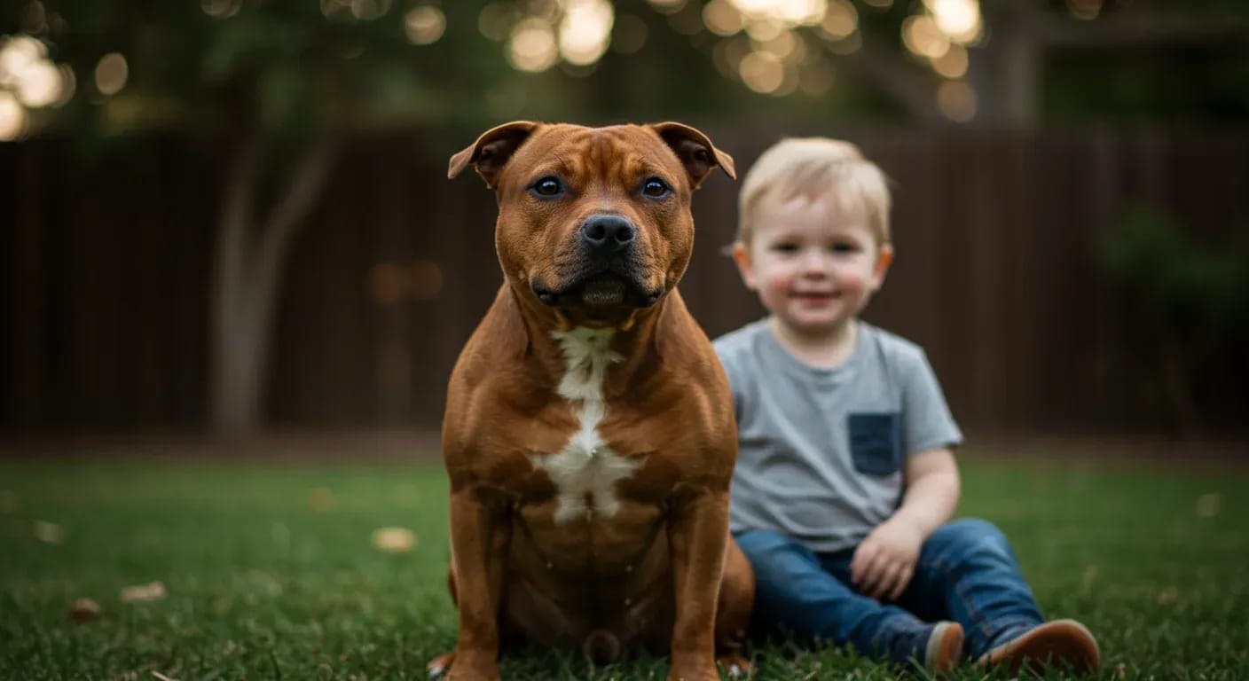 A Staffordshire Bull Terrier sitting peacefully next to a child in a backyard, demonstrating the breed's gentle temperament and nickname as 'The Nanny Dog'