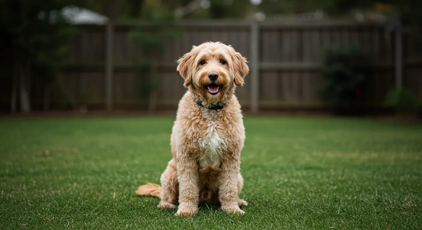 A friendly Labradoodle with wavy cream coat sitting on grass, demonstrating the breed's characteristic gentle and intelligent temperament discussed in the article