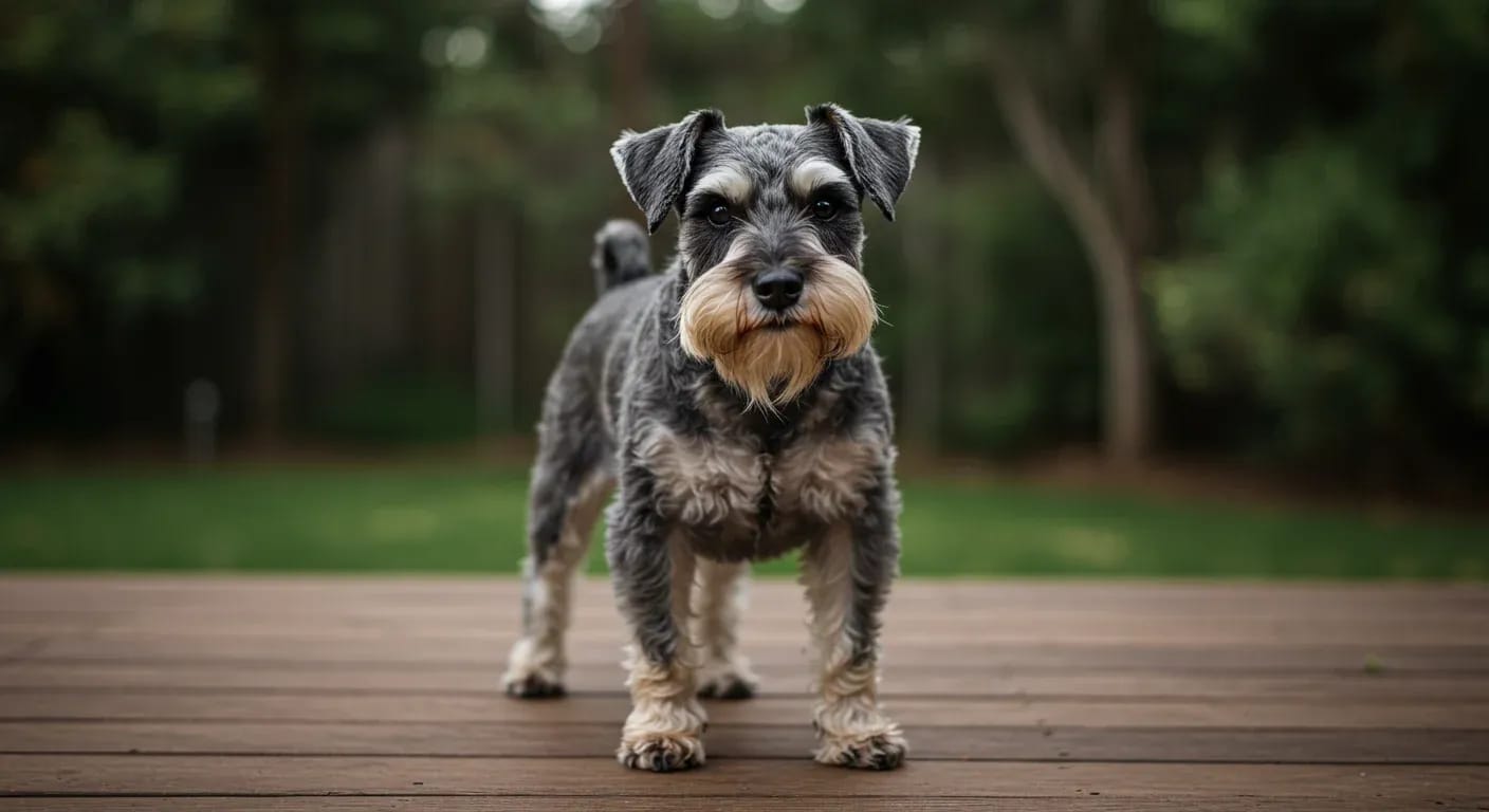 Alert Mini Schnauzer with distinctive facial hair standing confidently on a deck, showcasing the breed's characteristic bold and engaging personality discussed in the temperament guide