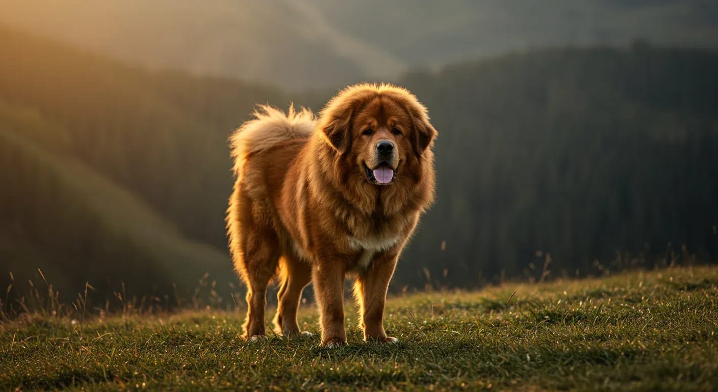A dignified Tibetan Mastiff standing alert on a hillside, showcasing their impressive size, thick coat, and naturally watchful expression that reflects their guardian temperament