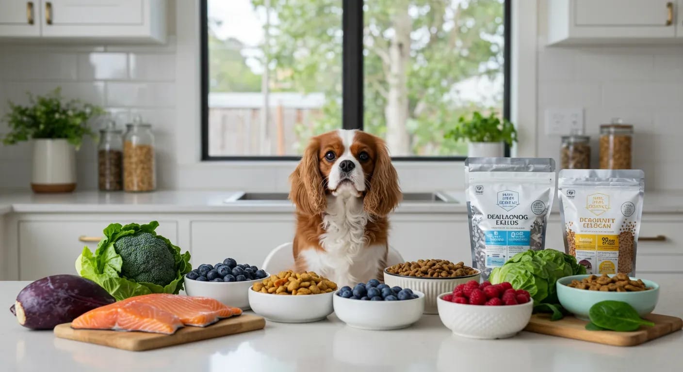 Cavalier King Charles Spaniel centered among heart-healthy foods including fish, vegetables, and quality dog food in a modern kitchen setting, illustrating proper nutrition for the breed